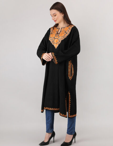 Black Wool Winter Pheran with Aari Chinar Leaf Design
