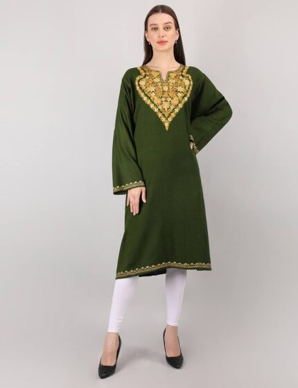 Dark Green Aari Embroidery Wool Winter Phiran