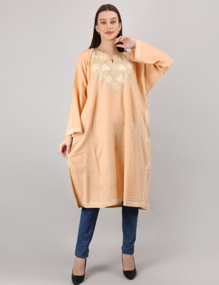 Light Peach Aari Embroidery Wool Winter Phiran