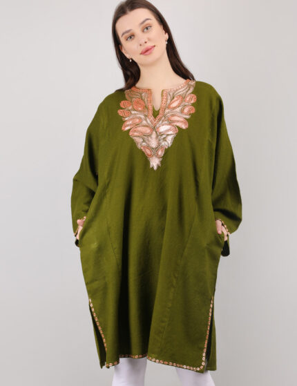 Mehndi Green Kashmiri Wool Phiran - Elegant & Timeless Winter Wear