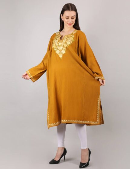 Mustard Wool Winter Phiran with Aari Embroidery